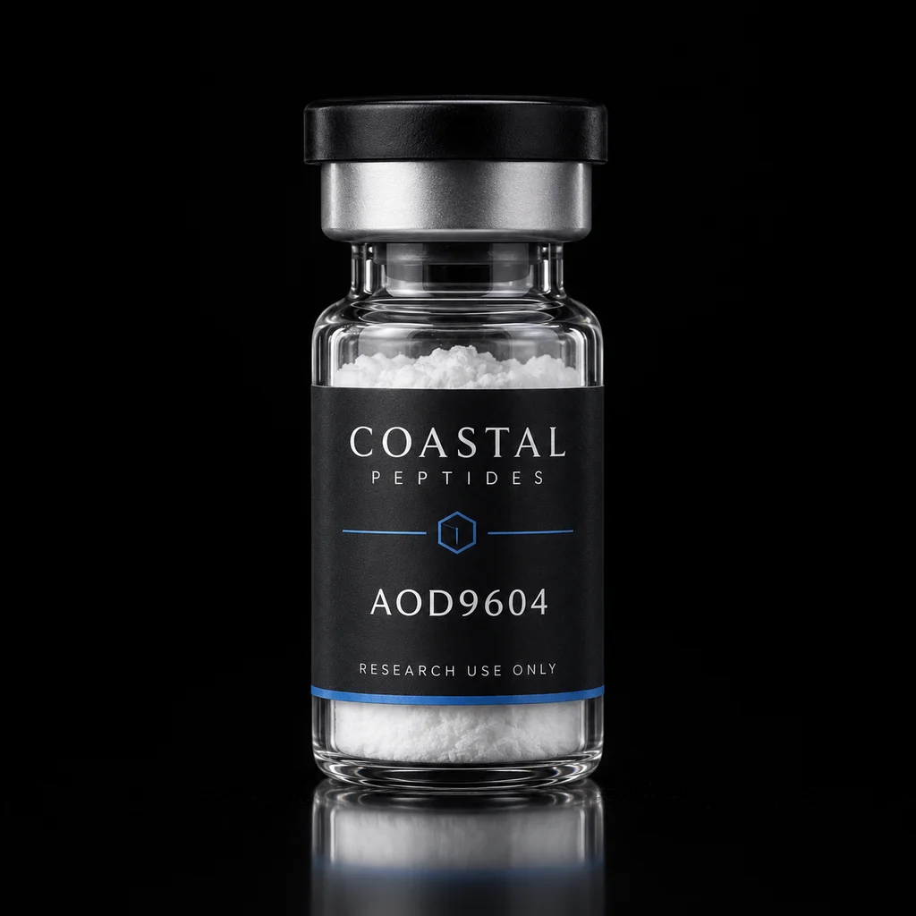 AOD9604 vial packaging concept; sold as a 10-vial pack