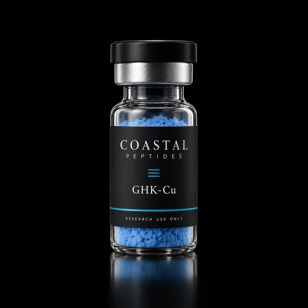 GHK-Cu vial packaging concept; sold as a 10-vial pack