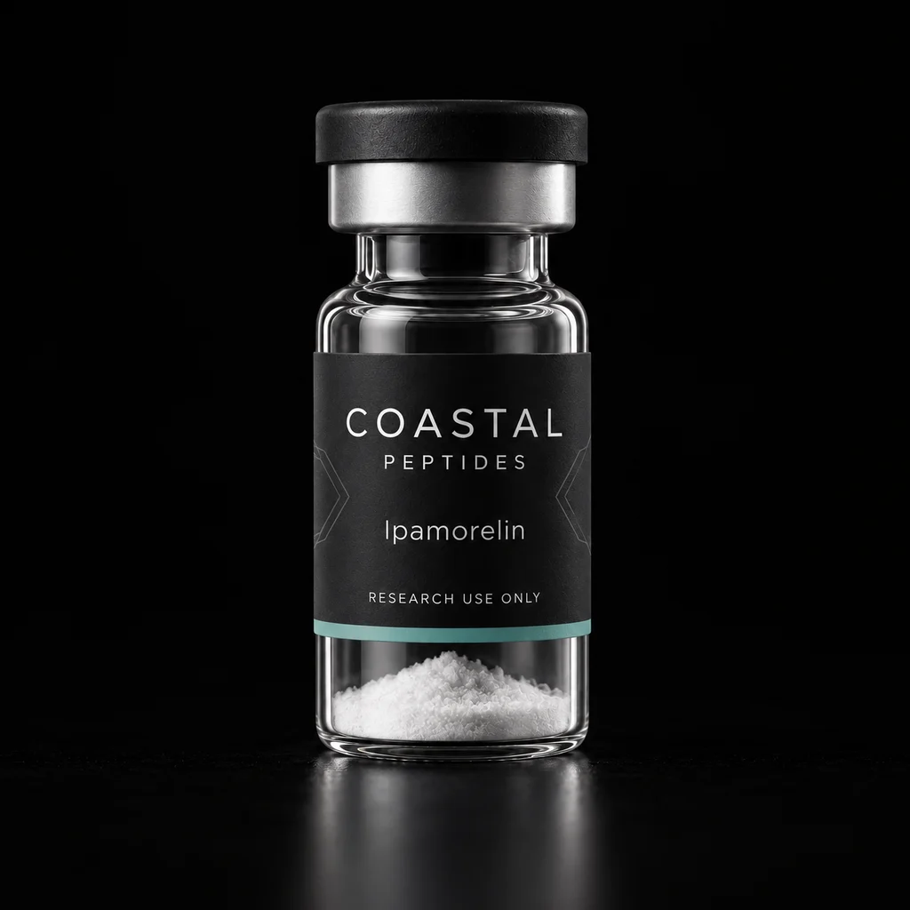 Ipamorelin vial packaging concept; sold as a 10-vial pack