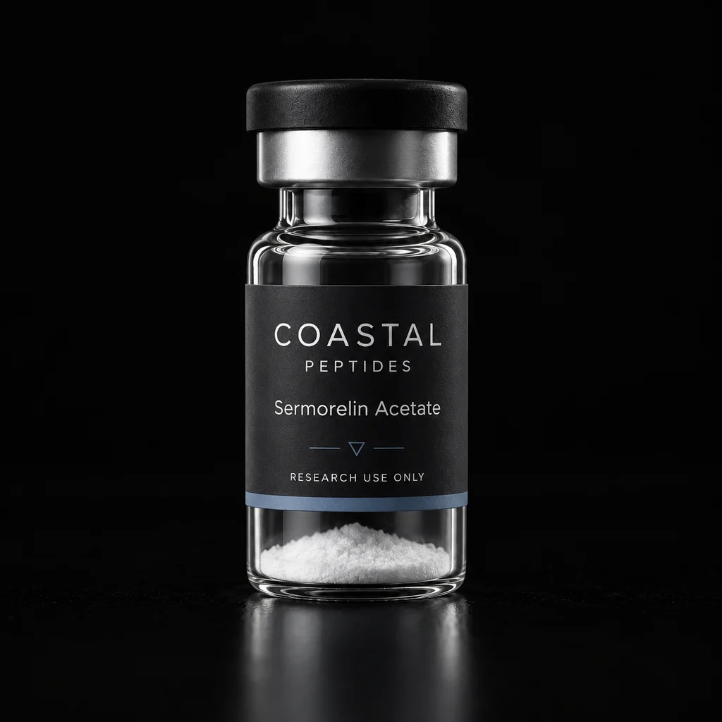 Sermorelin Acetate vial packaging concept; sold as a 10-vial pack