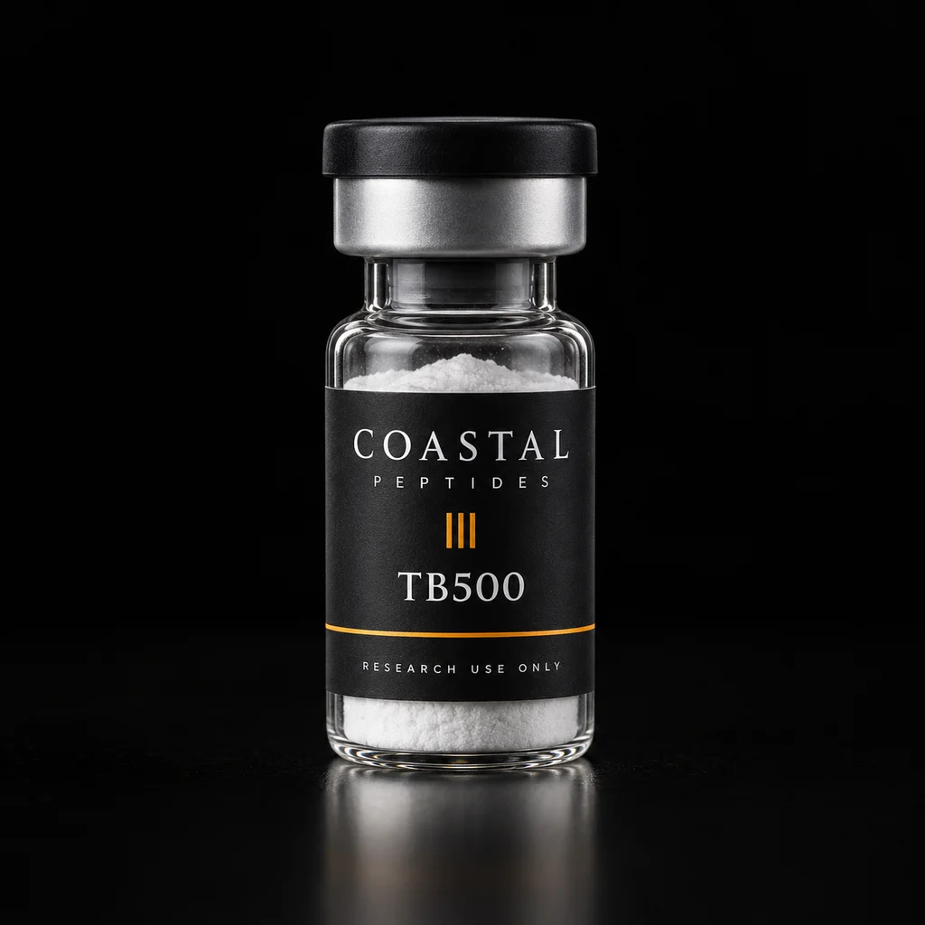 TB500 vial packaging concept; sold as a 10-vial pack