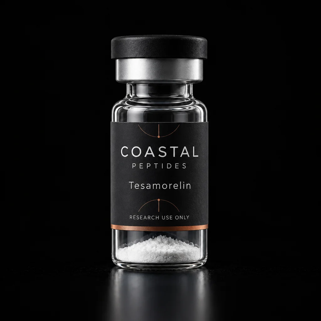 Tesamorelin vial packaging concept; sold as a 10-vial pack